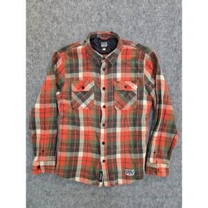 SUB POP Flannel Shirt Mens Sz L Orange Green Plaid Flannel Long Sleeve Seattle